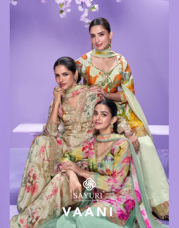 sayuri designer vaani 10041 to 10044 chinon silk readymade exclusive plazzo kurti with dupatta in wholesale surat