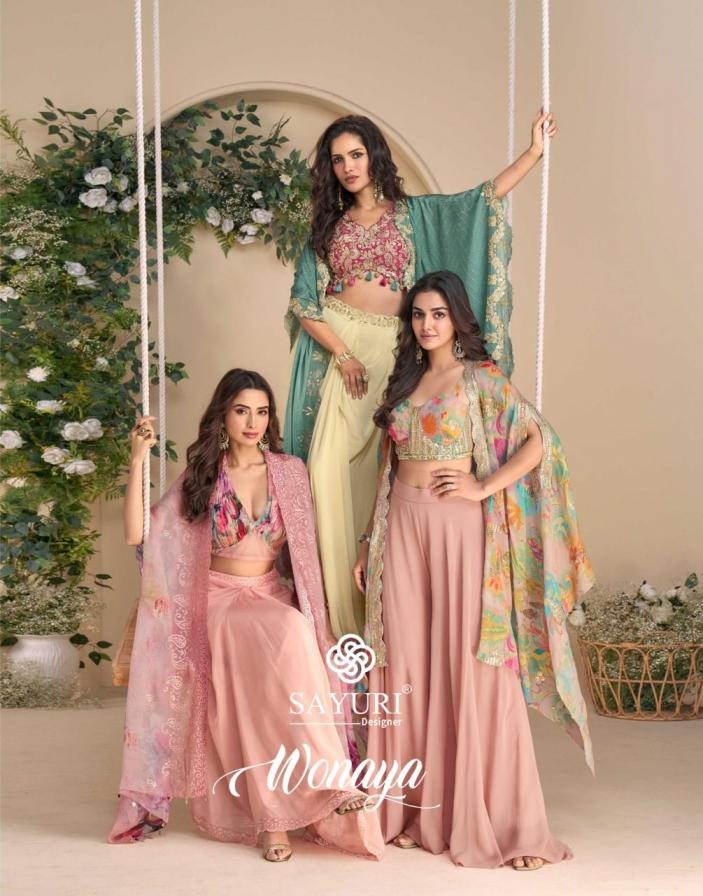 sayuri designer wonaya 10050 to 10053 chinon silk readymade party wear shrug plazzo with blouse in wholesale surat