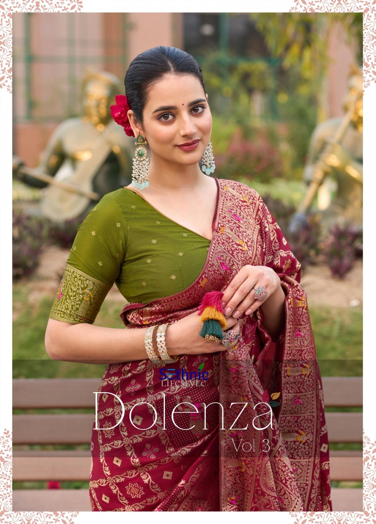 sethnic lifestyle dolenza vol 3 series 77011-77015 dola silk wholesale saree