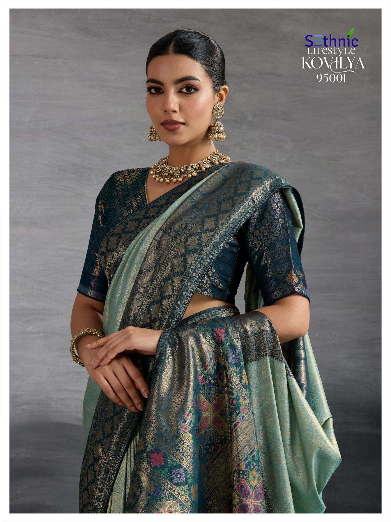 sethnic lifestyle kovilya series 95001 to 95004 kanjivaram silk meenakari work stylish look saree in wholesale surat