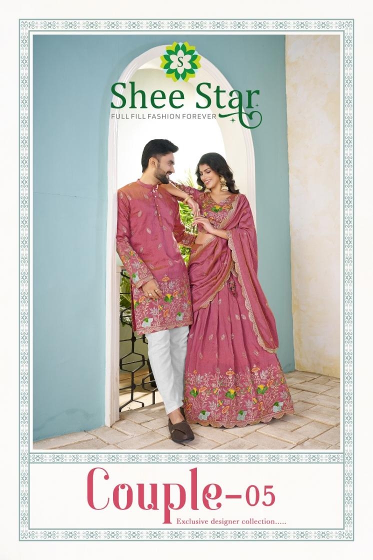 shee star couple vol 5 womens semi stitch lehenga with unstitch blouse and readymade mens kurta in wholesale surat
