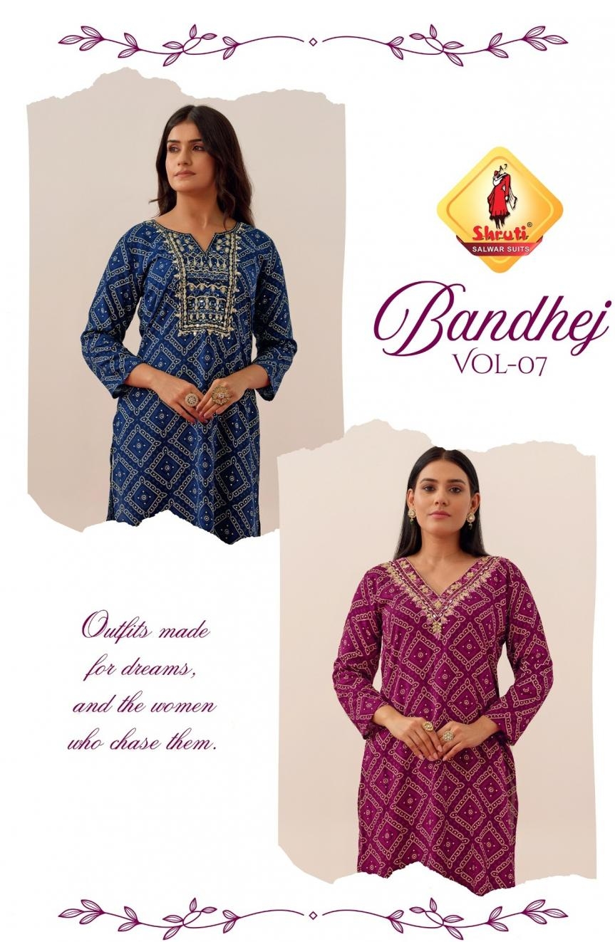 shruti bandhej vol 7 modal rayon bandhani print readymade plus size long kurti in wholesale surat