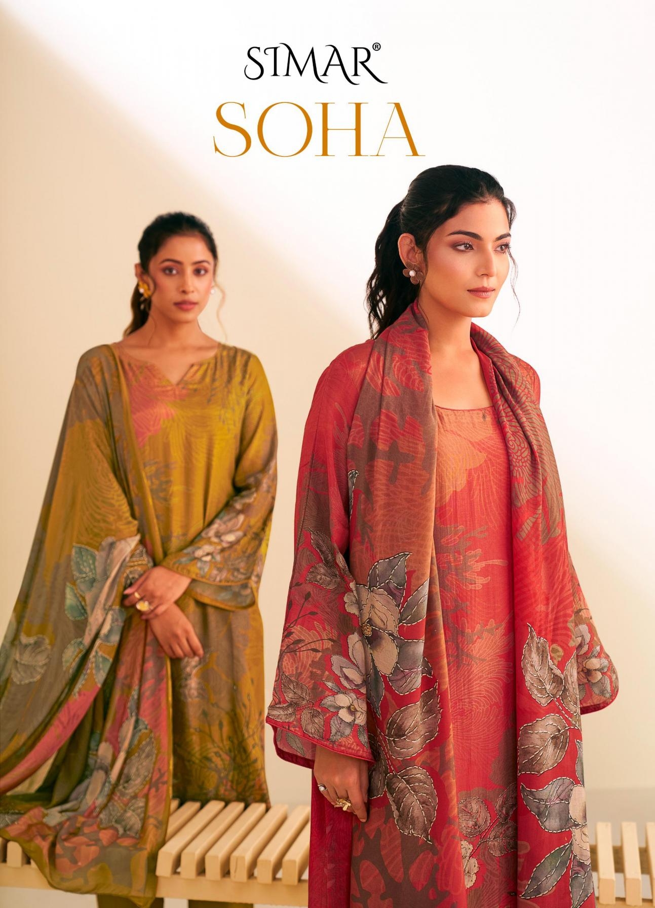 simar glossy soha series 8195 A to D hit design viscose muslin salwar kameez in wholesale surat