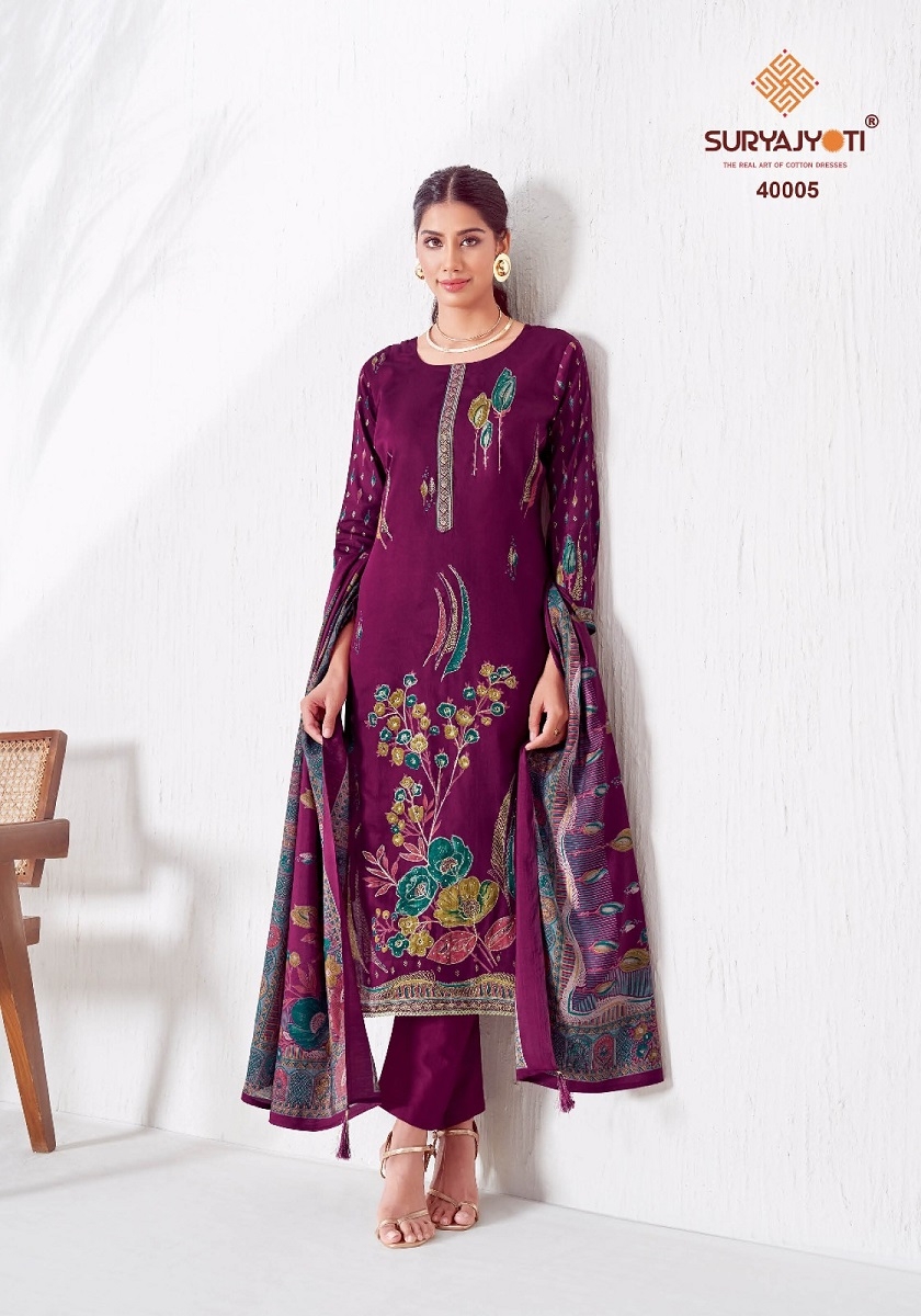 Suryajyori Kaara Advance Vol-4 series 40001 to 40006 Jaam Satin Discharge Print With Full Handwork salwar kameez in wholesale surat