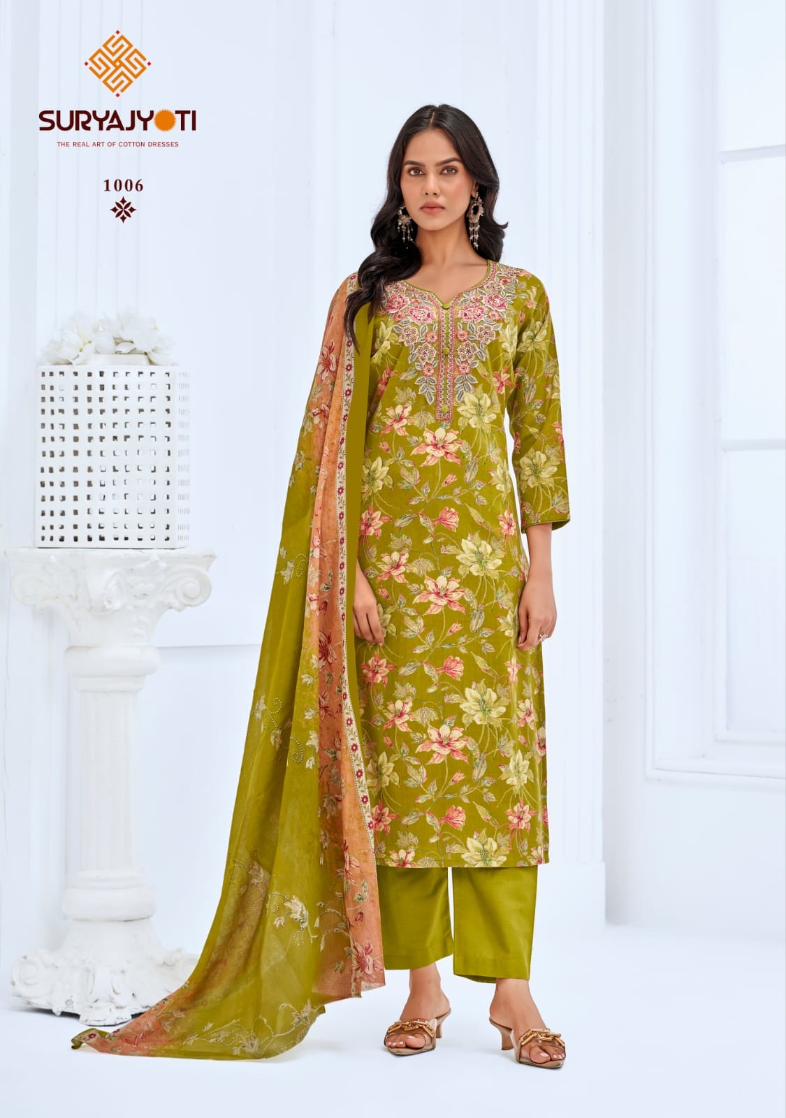Suryajyoti Kala Vol-1 series 1001 to 1008 Pure Cotton Print With Heavy Neck Embroidery Work Kurti Pant Wtih Dupatta in wholesale surat