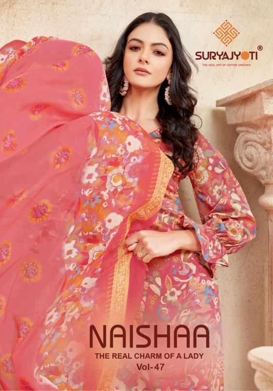 suryajyoti naishaa vol 47 series 47001 to 47006 jam satin print fancy salwar kameez in wholesale surat