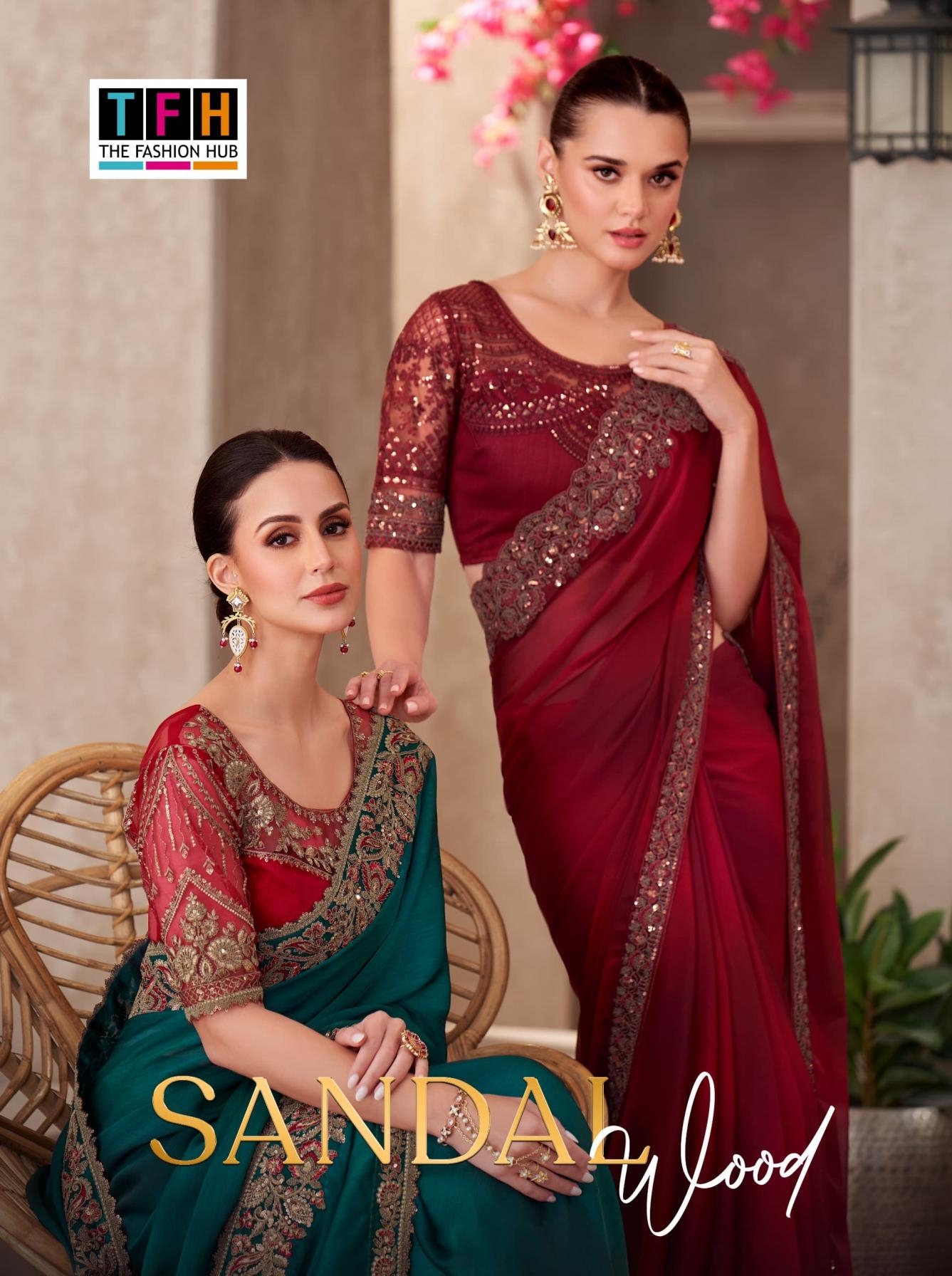 tfh launch sandal wood vol 15 series 1501 to 1518 chiffon exclusive designer saree in wholesale surat
