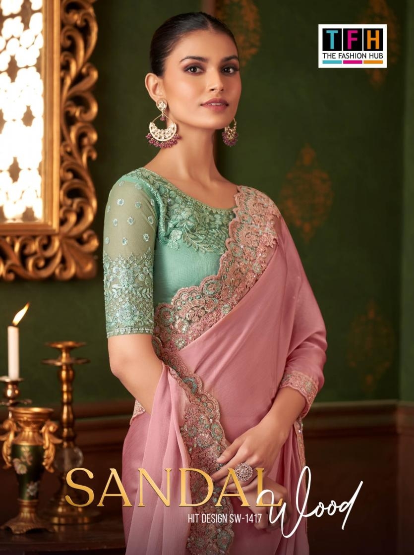  tfh sandal wood 1417 A to F hit silk chiffon exclusive designer sarees in wholesale surat