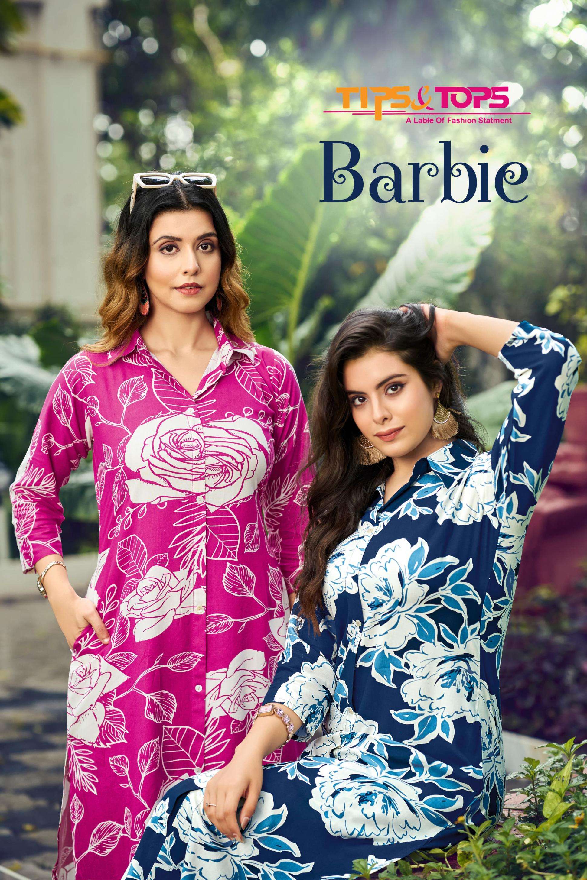 tips & tops barbie series 1001 to 1006 fancy heavy rayon print stitched kurti and pant in Wholesale surat