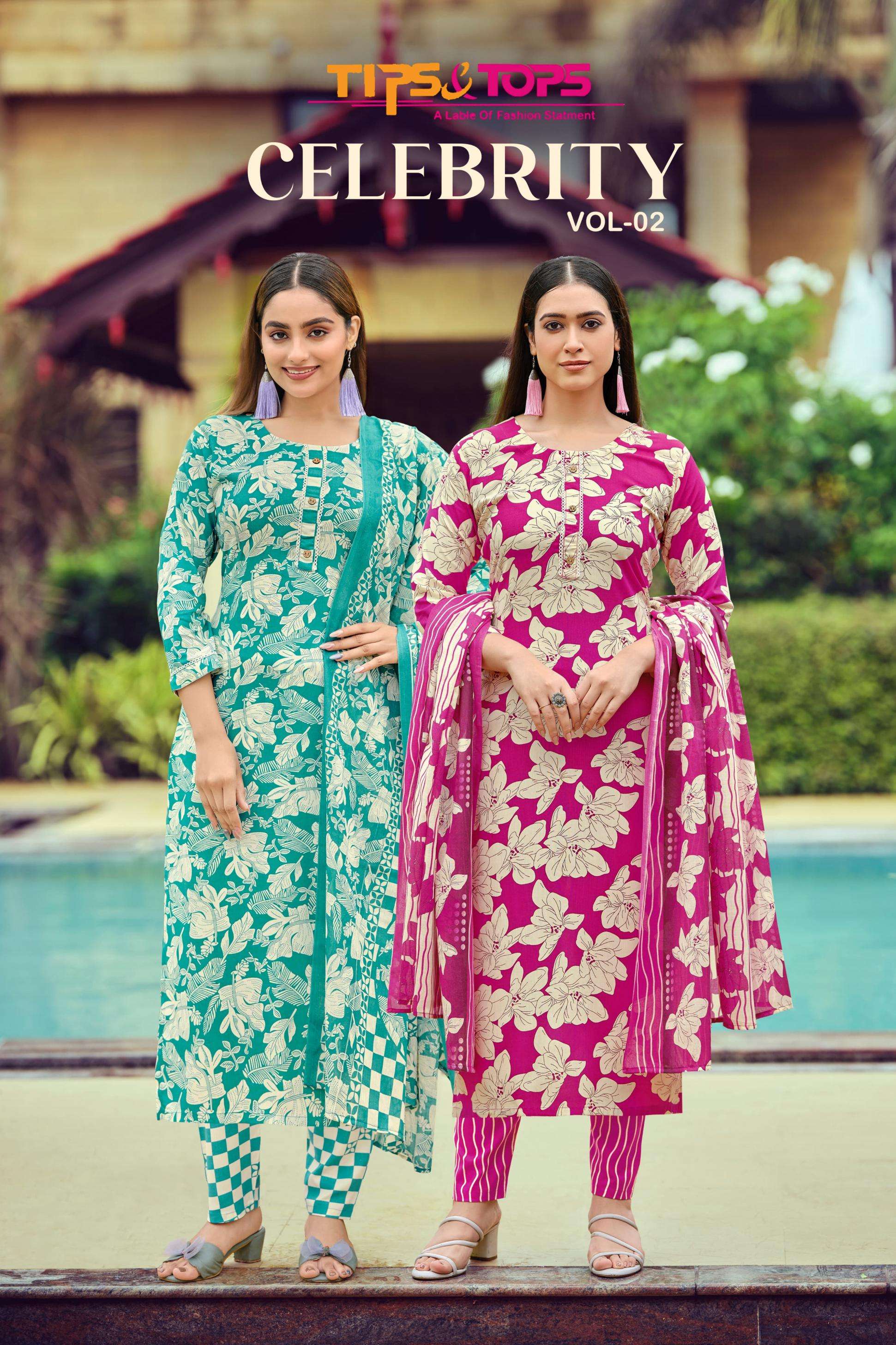 tips & tops launch celebrity vol 2 series 1001 to 1006 rayon readymade plus size salwar kameez in wholesale surat