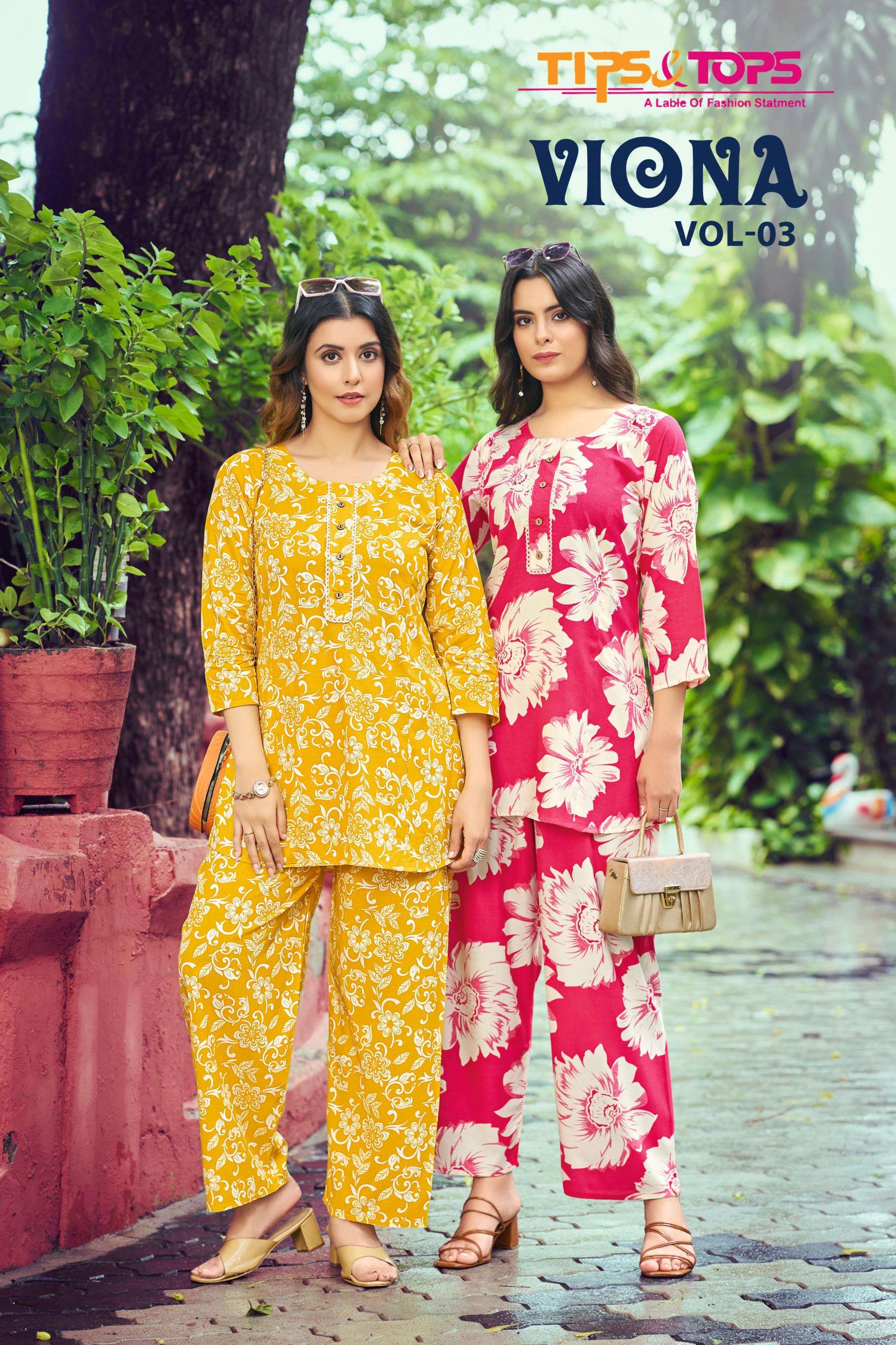 tips & tops launch viona vol 3 series 1001 to 1006 rayon readymade elegant style co-ord set in wholesale surat
