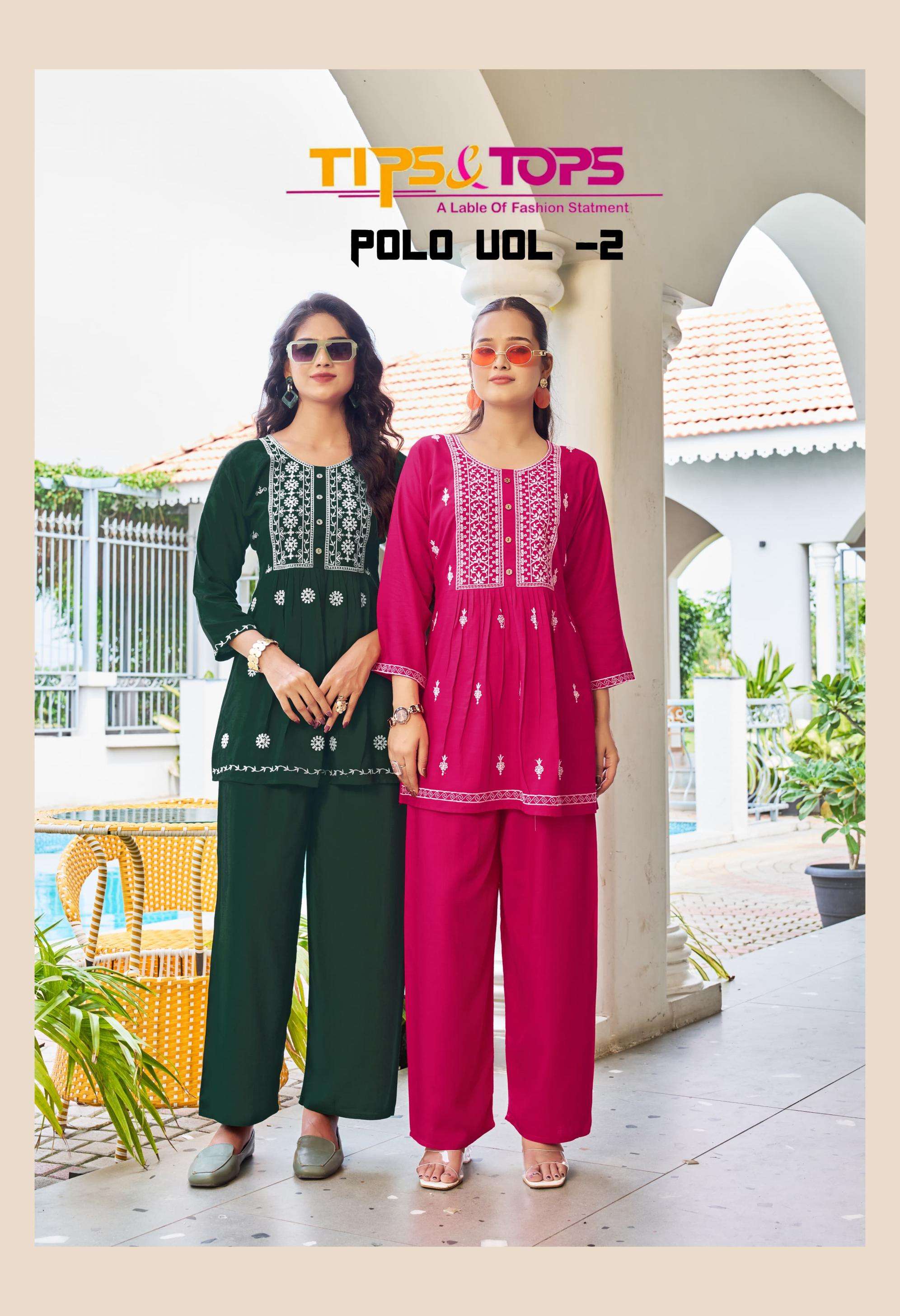 tips & tops polo vol 2 series 1001 to 1006 stylish rayon readymade co-ord set in wholesale surat