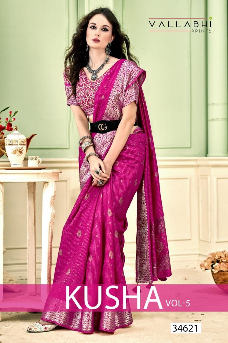 vallabhi prints kusha vol 5 series 34621 to 34626 dola silk hit design saree in wholesale surat