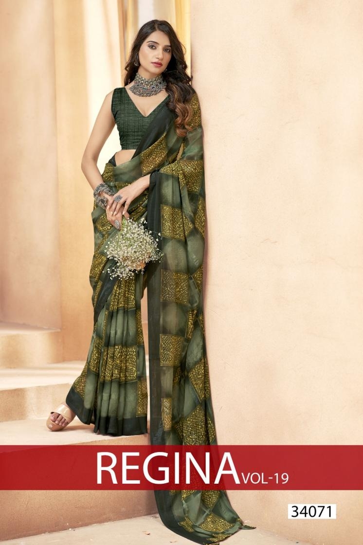 vallabhi prints regina vol 19 series 34071 to 34076 georgette unique colours sarees in wholesale surat
