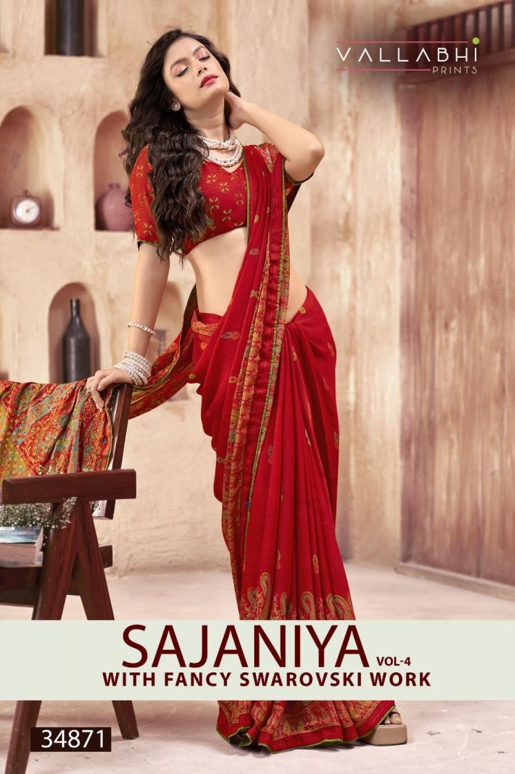 vallabhi prints sajaniya vol 4 series 34871 to 34876 moss georgette trendy saree in wholesale surat