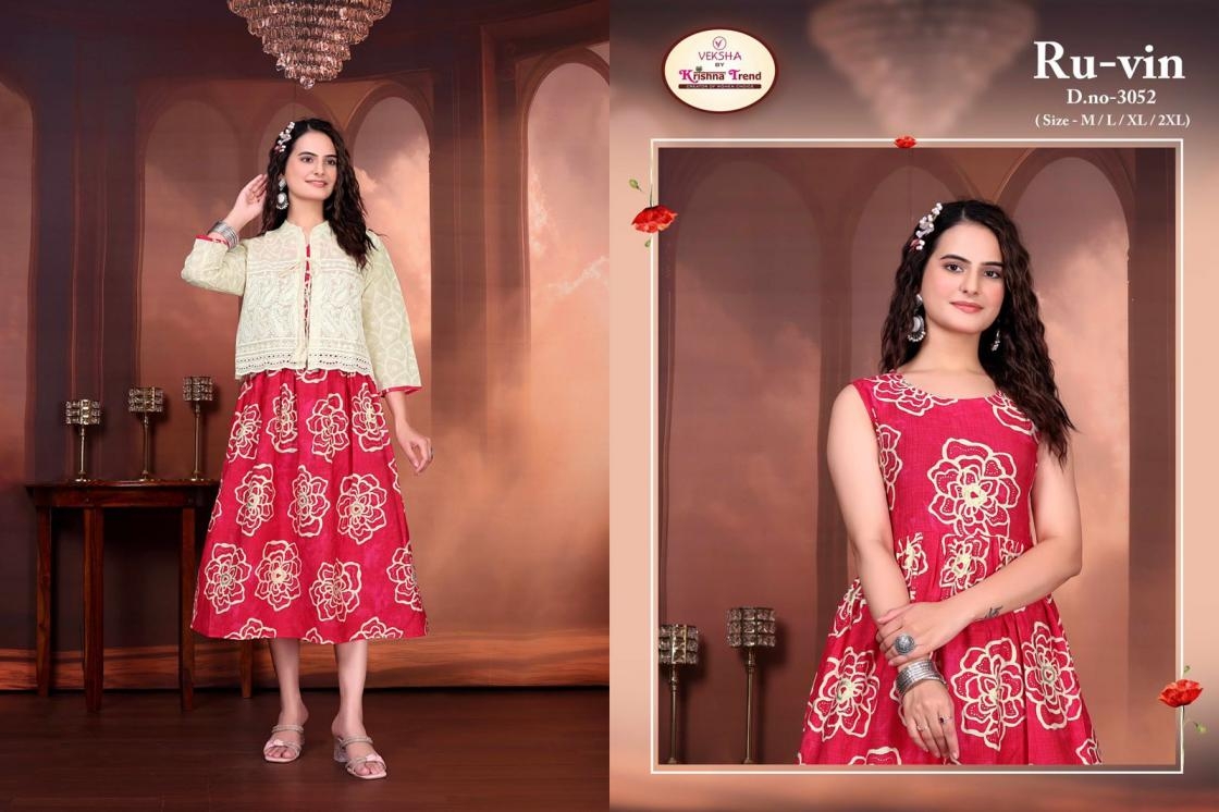 veksha krishna trend ru-vin series 3051 to 3070 readymade vatican print long kurti with jackets in wholesale surat