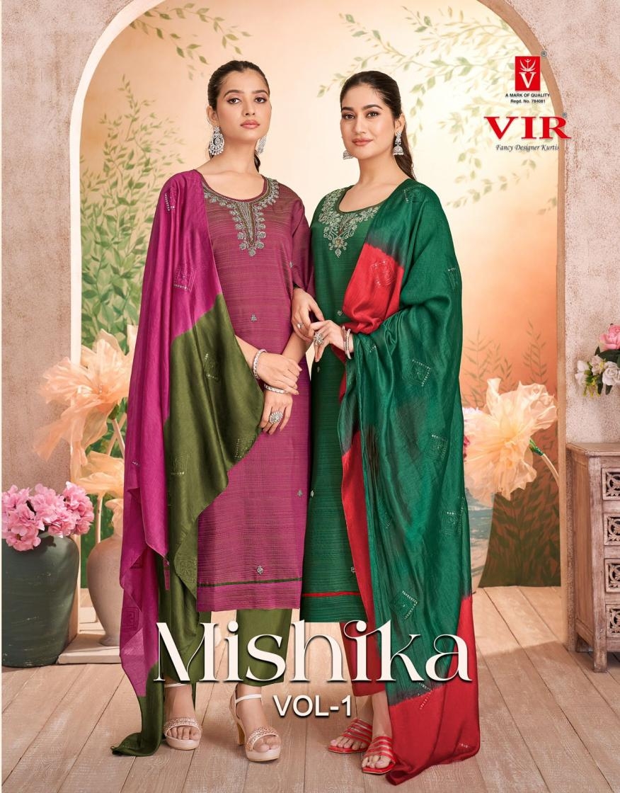 vir mishika vol 1 series 1001 to 1008 stylish look readymade vertican simmer salwar kameez in wholesale surat