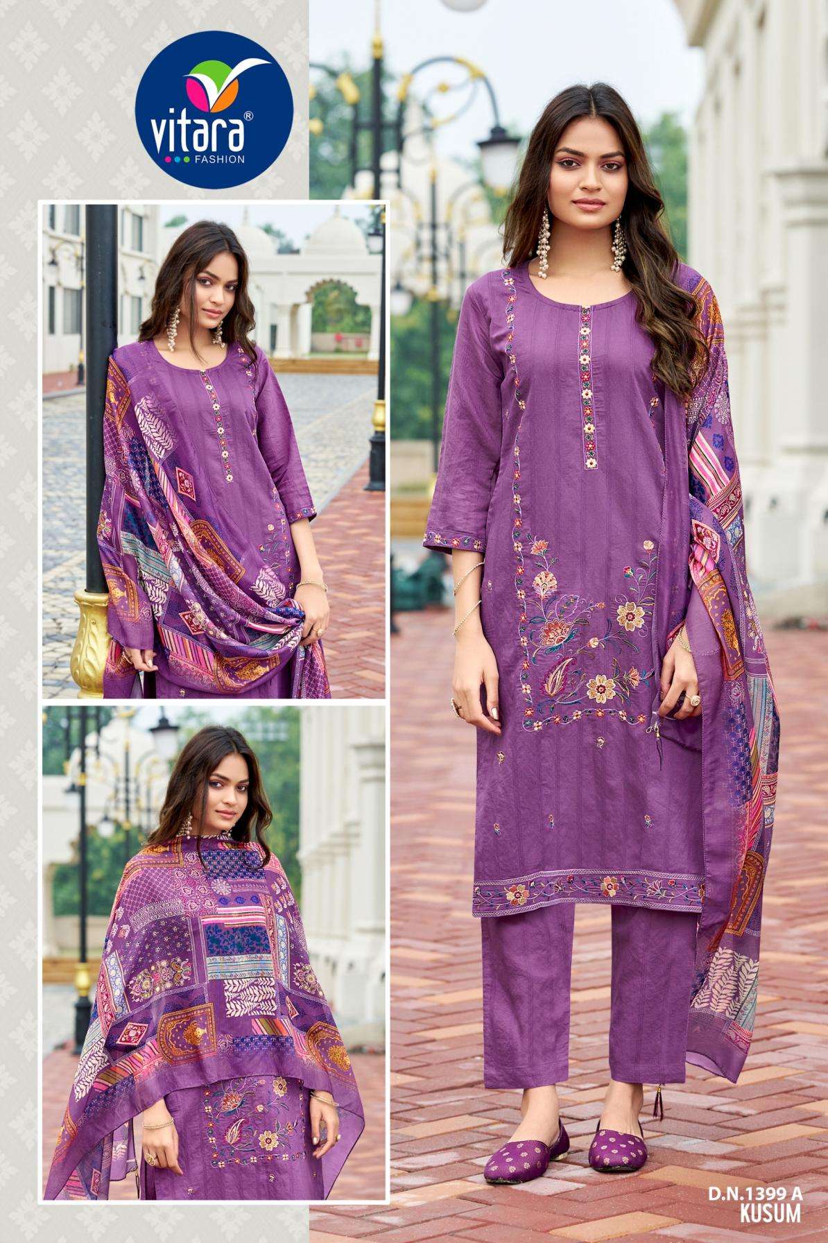 vitara fashion kusum series 1399 A to B roman jacquard readymade combo set suit in wholesale surat