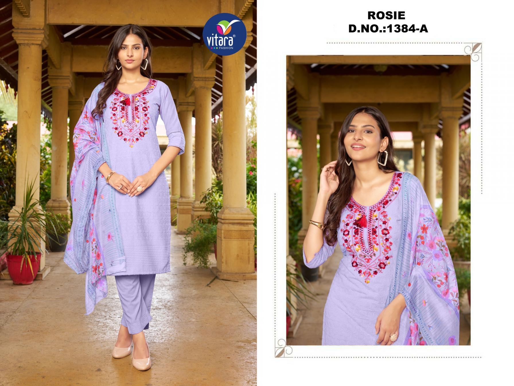 vitara fashion rosie series 1384 A to C cambric cotton shifli work readymade combo suit in wholesale surat