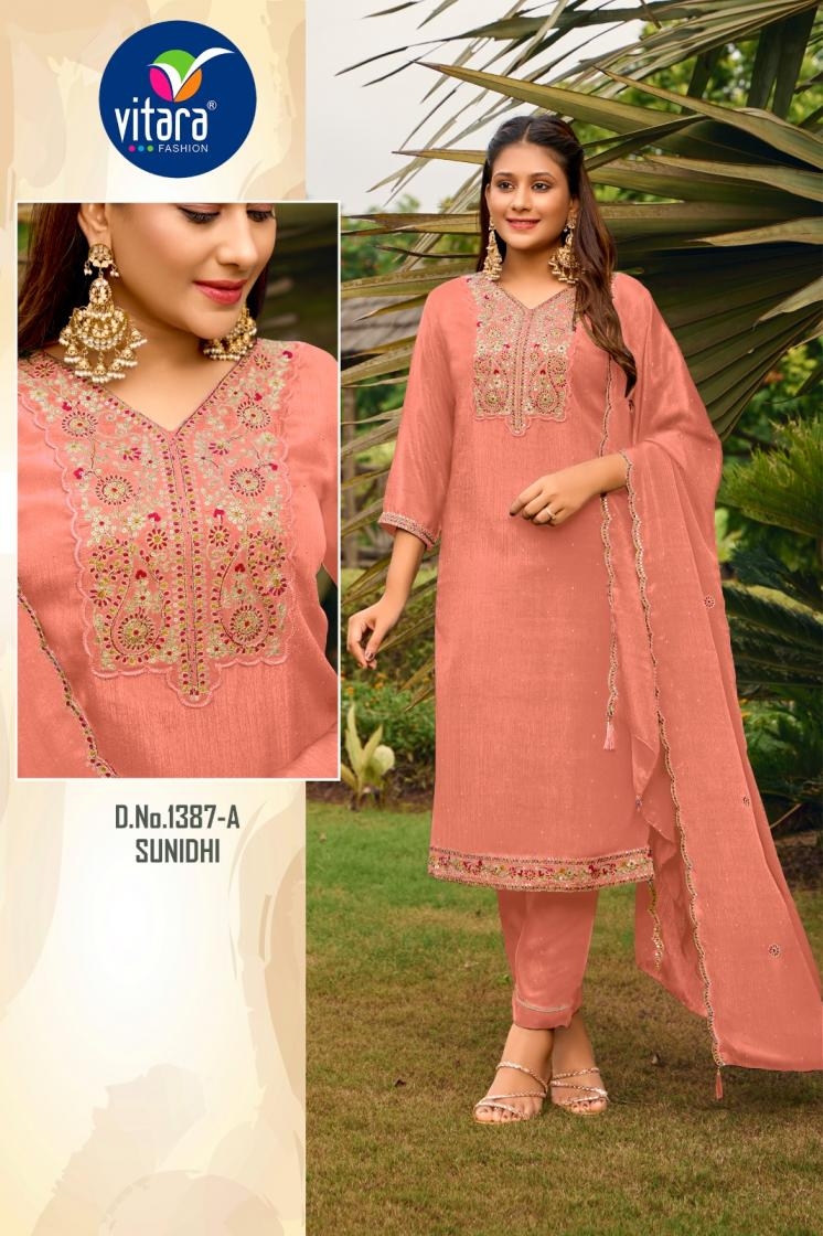 vitara fashion sunidhi 1387 A to H chinon readymade classic look combo suit in wholesale surat