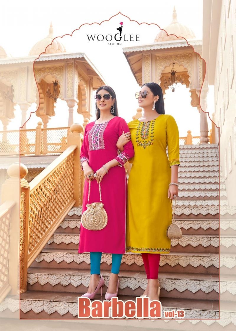  wooglee barbella vol 13 series 2084 to 2089 rayon readymade casual kurti in wholesale surat