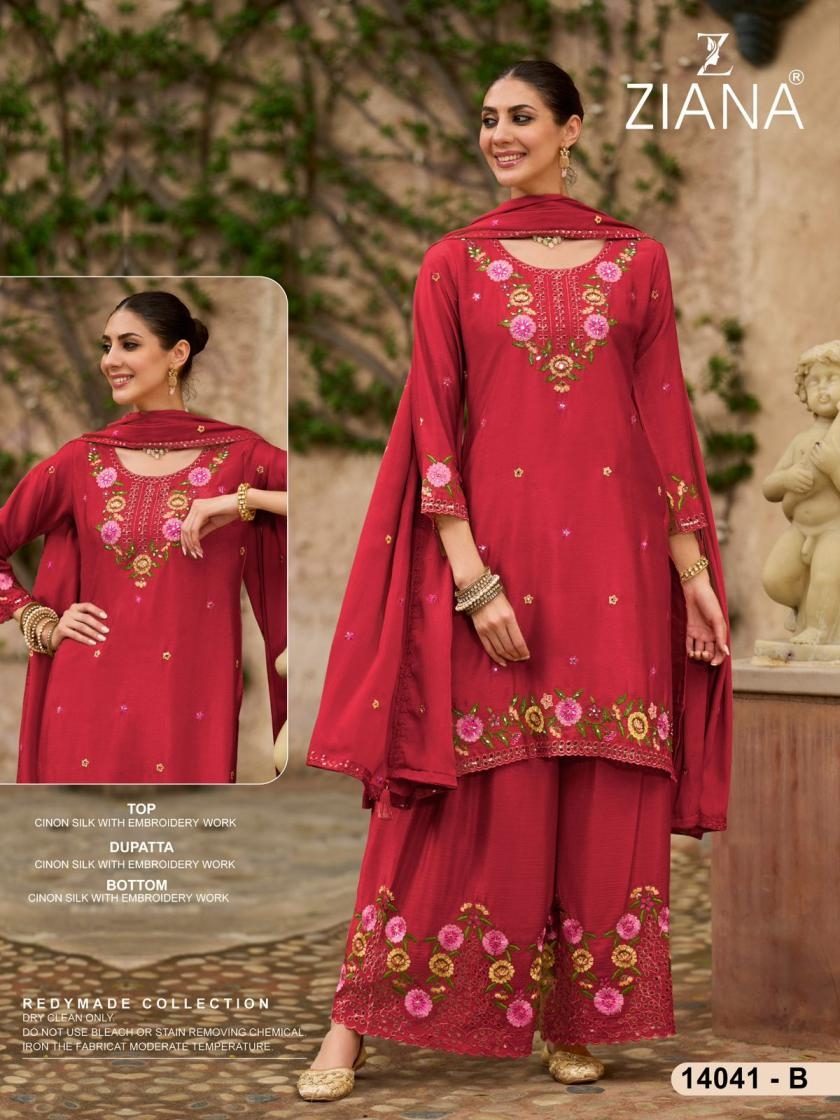 ziana 14041 A to D readymade chinon silk pakistani designer combo plazzo suits in wholesale surat
