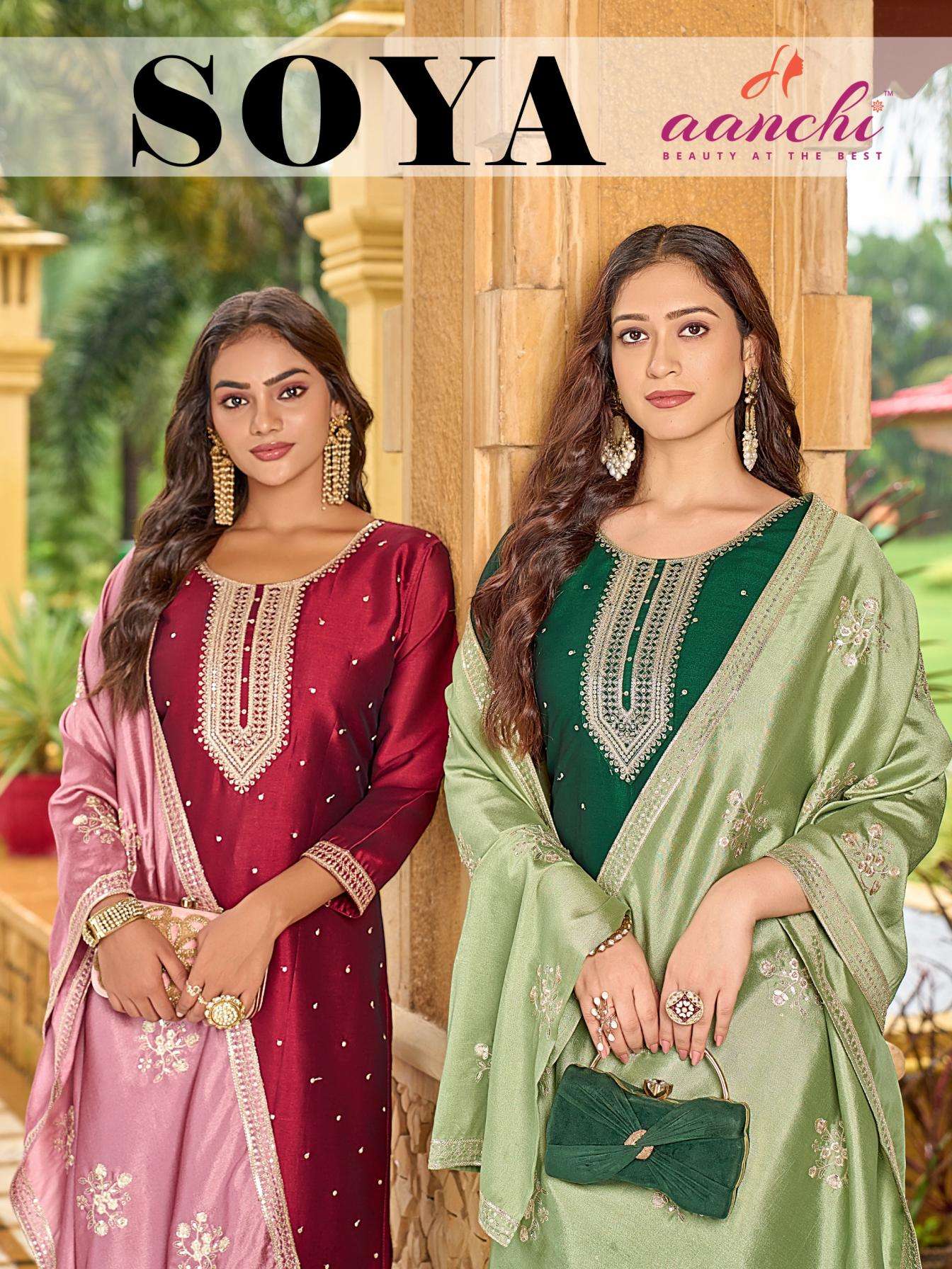 aanchi soya crystal silk readymade unique colours suit in wholesale surat