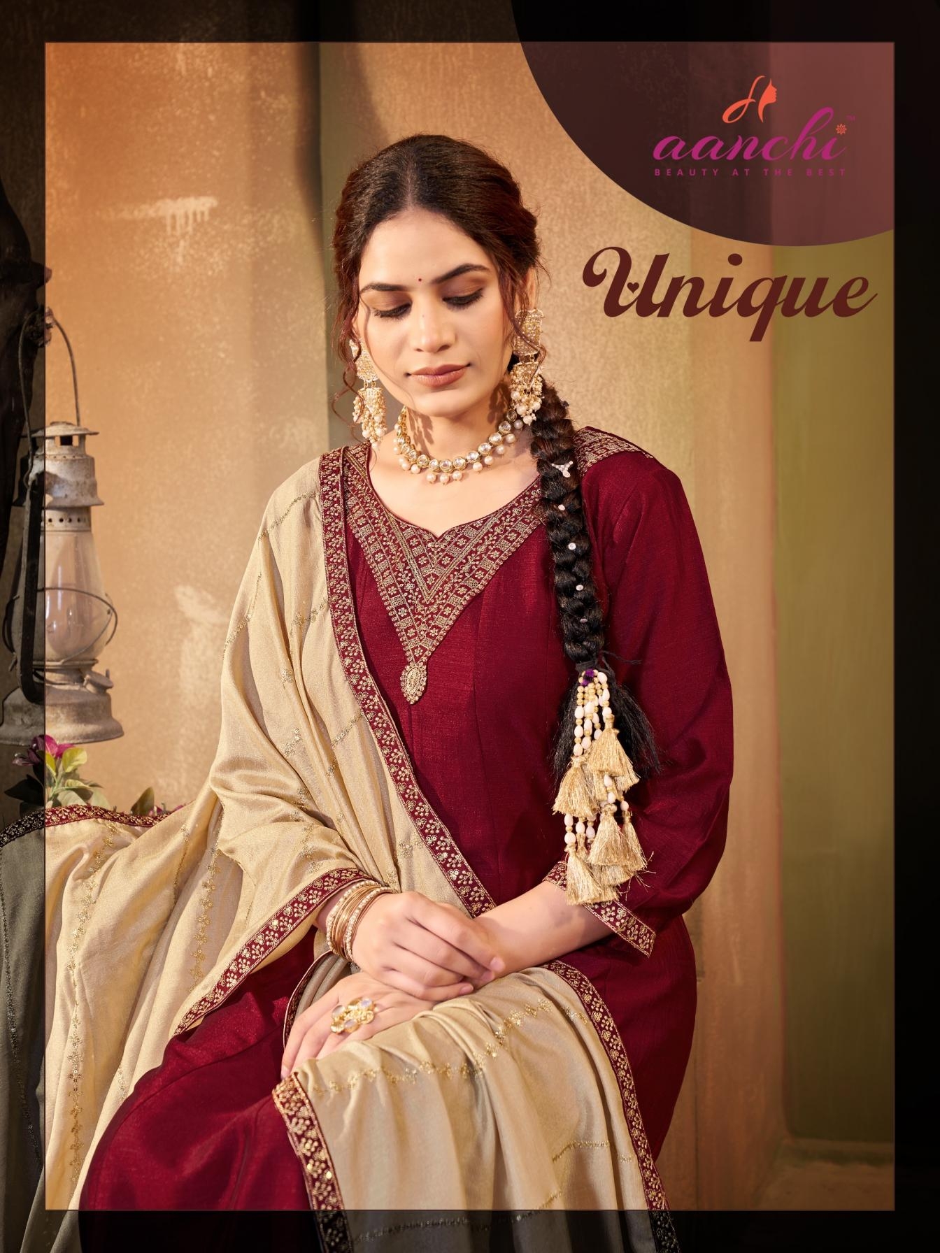 aanchi unique series 1001 to 1004 vichitra silk readymade salwar kameez in wholesale surat