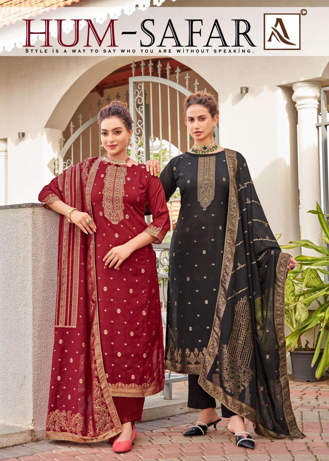 alok hum safar series 28252601 to 28252606 viscose muslin jacquard pakistani fancy salwar kameez in wholesale surat