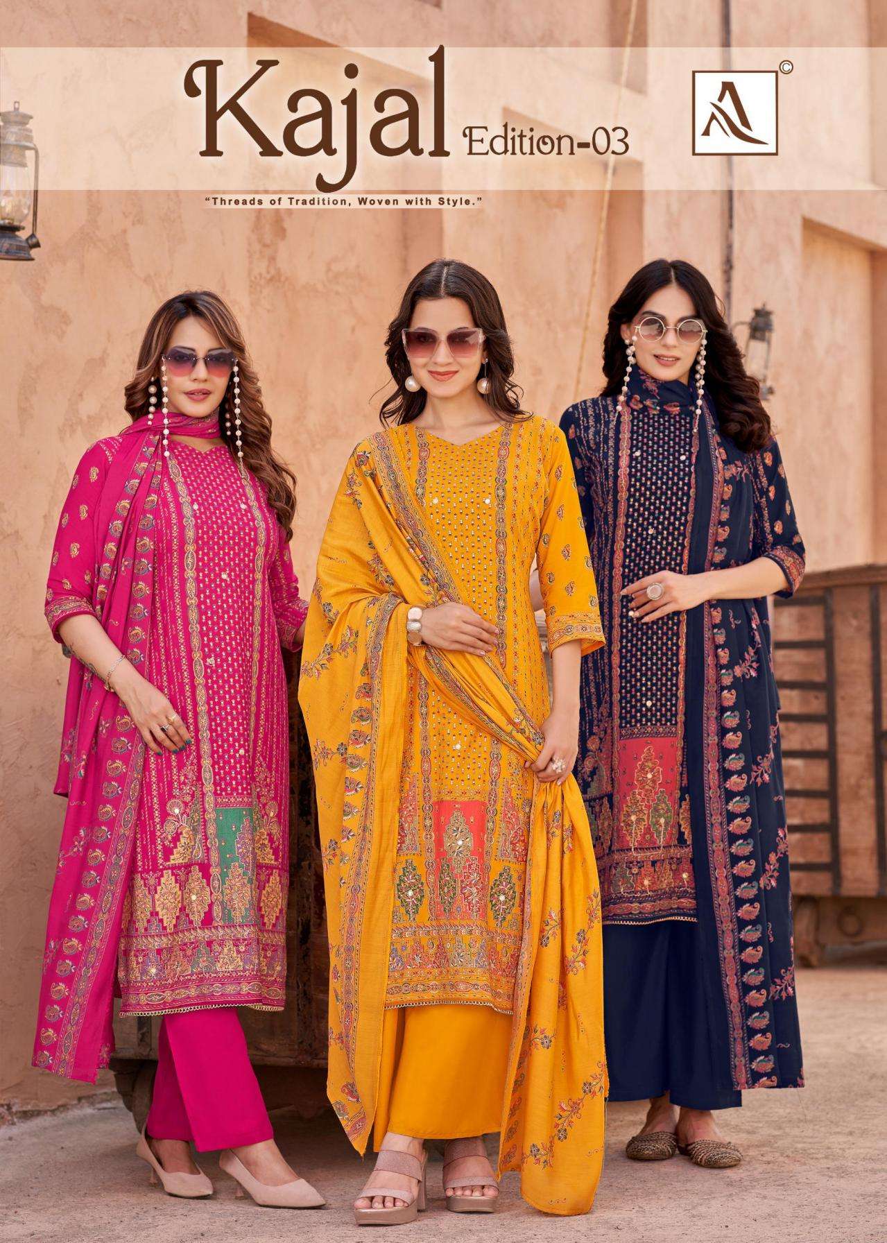 alok kajal vol 3 series 28010201 to 28010206 viscose rayon pakistani regular wear salwar kameez in wholesale surat