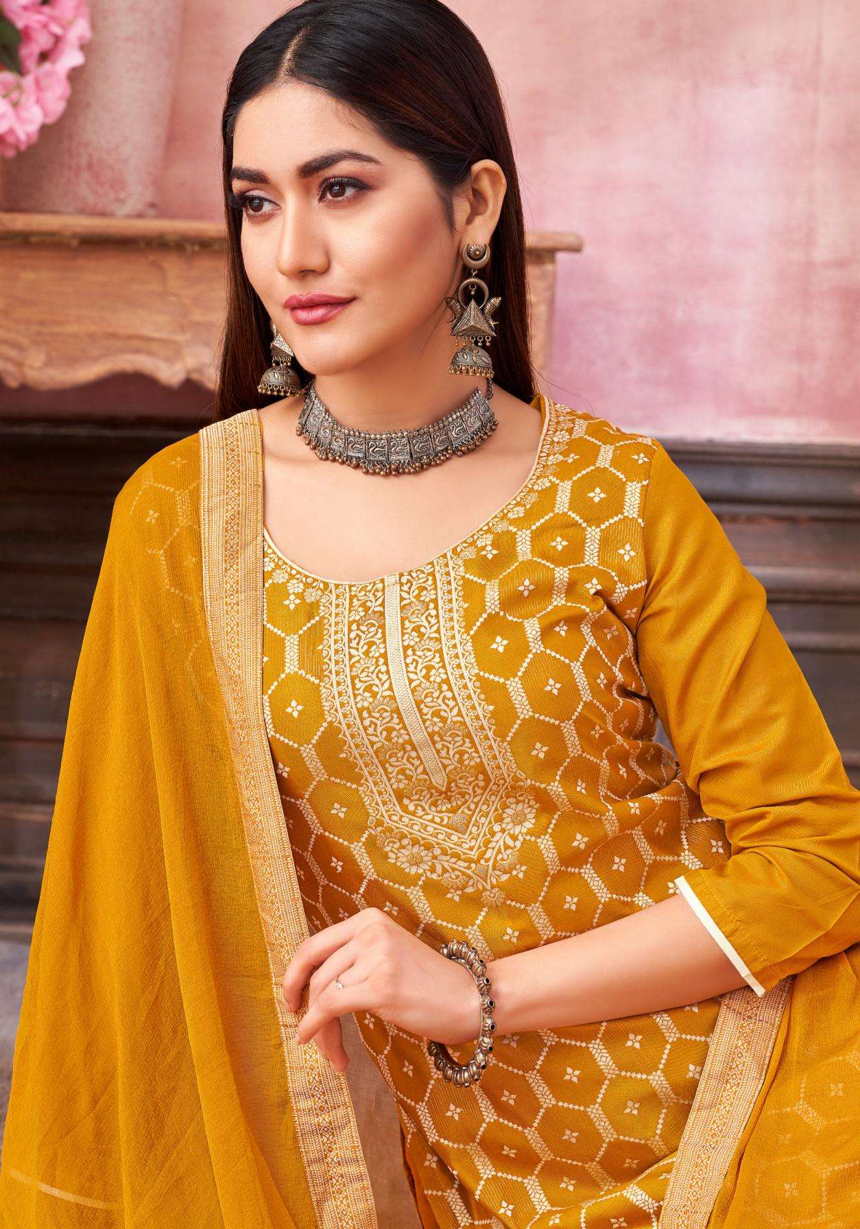 alok nazeer series 1702001 to 1702006 hit design muslin jacquard salwar kameez in wholesale surat