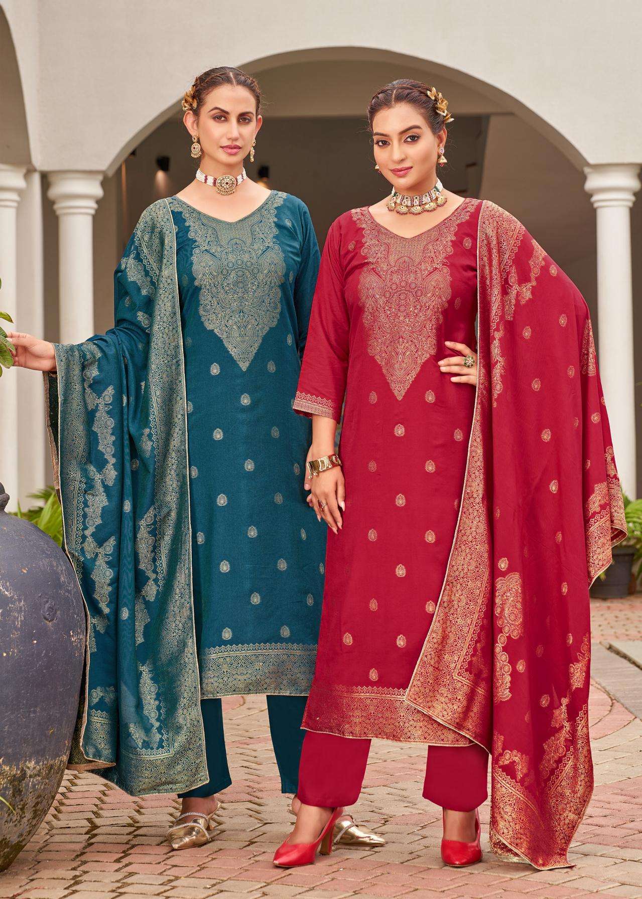 alok sargun series 28242501 to 28242506 viscose muslin jacquard hit design pakistani suits in wholesale surat