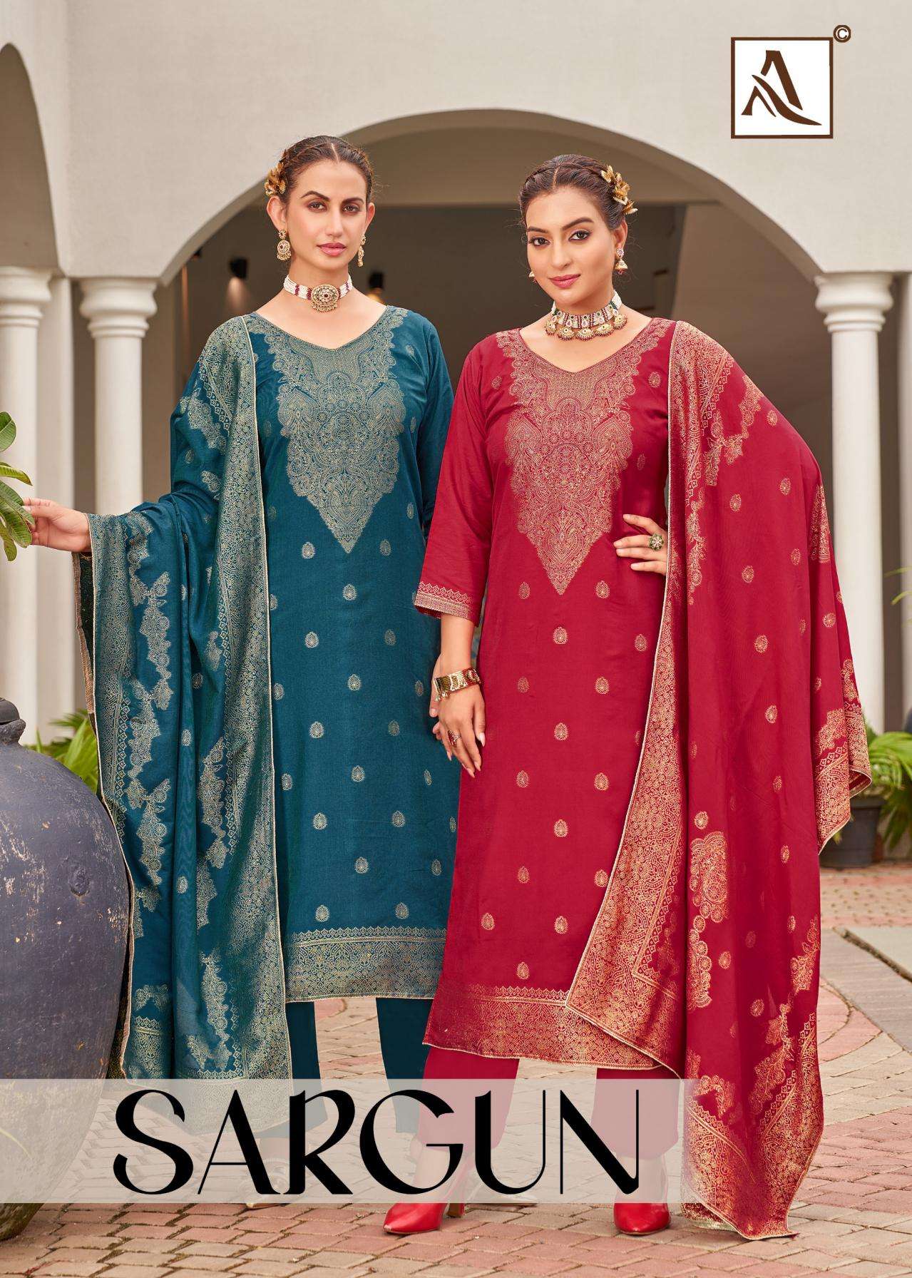 alok sargun series 28242501 to 28242506 viscose muslin jacquard readymade big size pakistani suit in wholesale surat