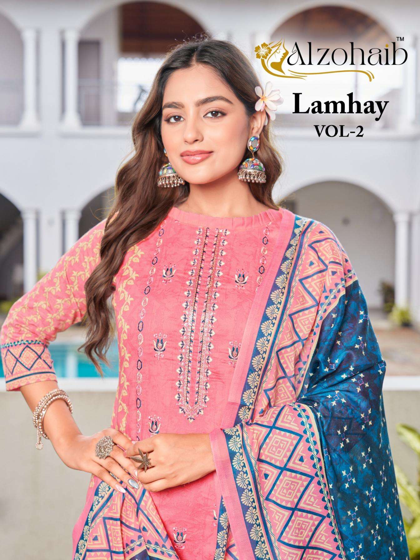 alzohaib lamhay vol 2 series 1318A to 1319B cotton pakistani regular wear salwar kameez in wholesale surat