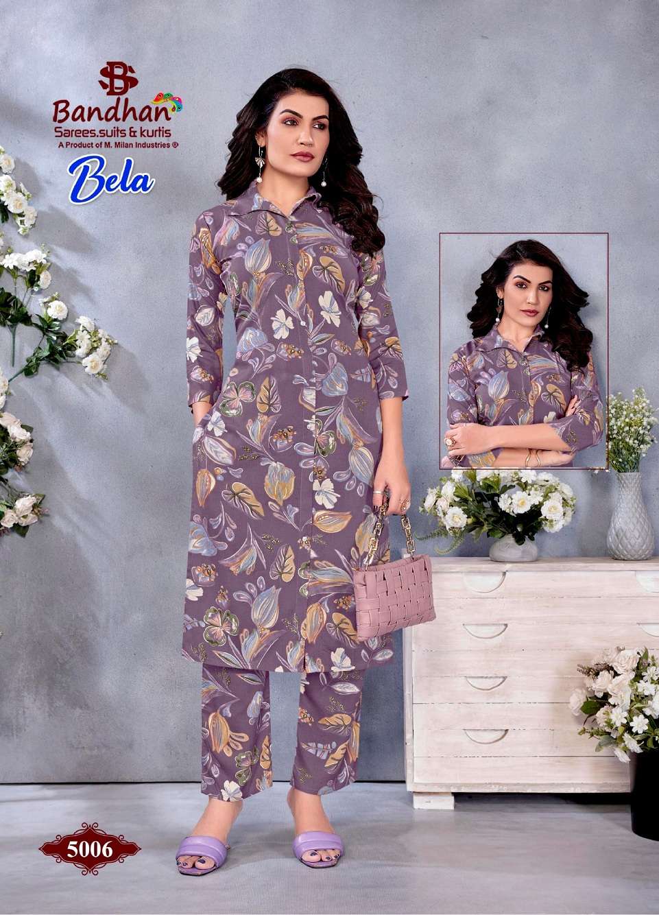 Bandhan Bela Vol-5 series 5001 to 5008 Heavy 14 Kg. Rayon Printed Long Cord Set in wholesale surat