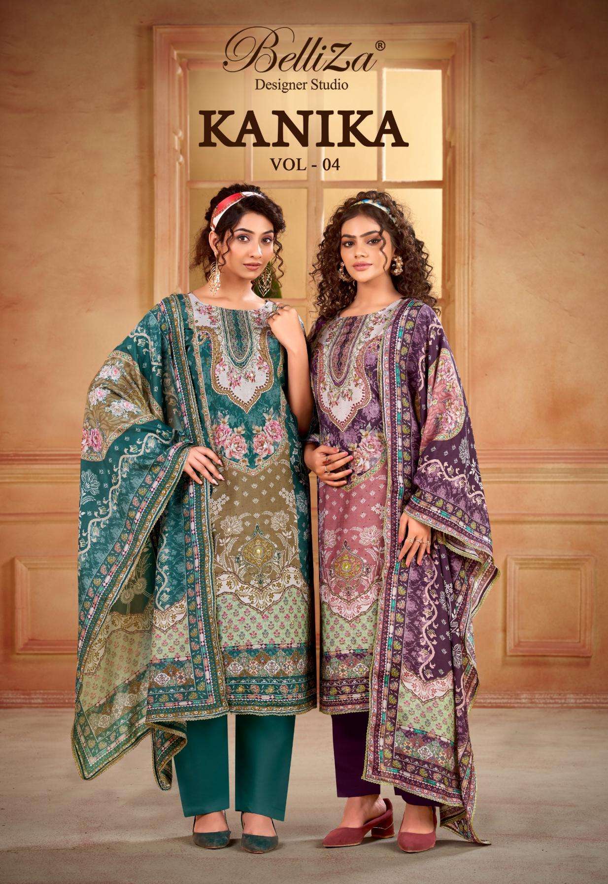 belliza designer kanika vol 4 series 846001 to 846003 viscose muslin salwar kameez in wholesale surat