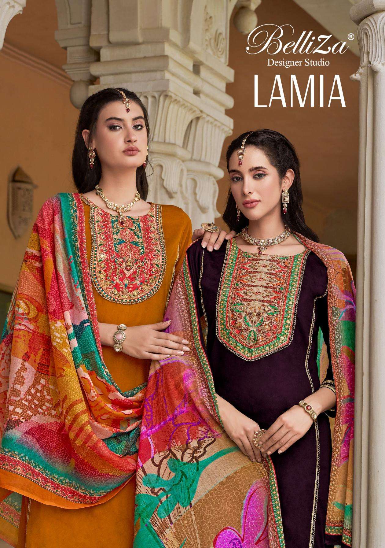 belliza designer lamia series 880001 to 880006 jam readymade plus size pakistani ladies suits in wholesale surat