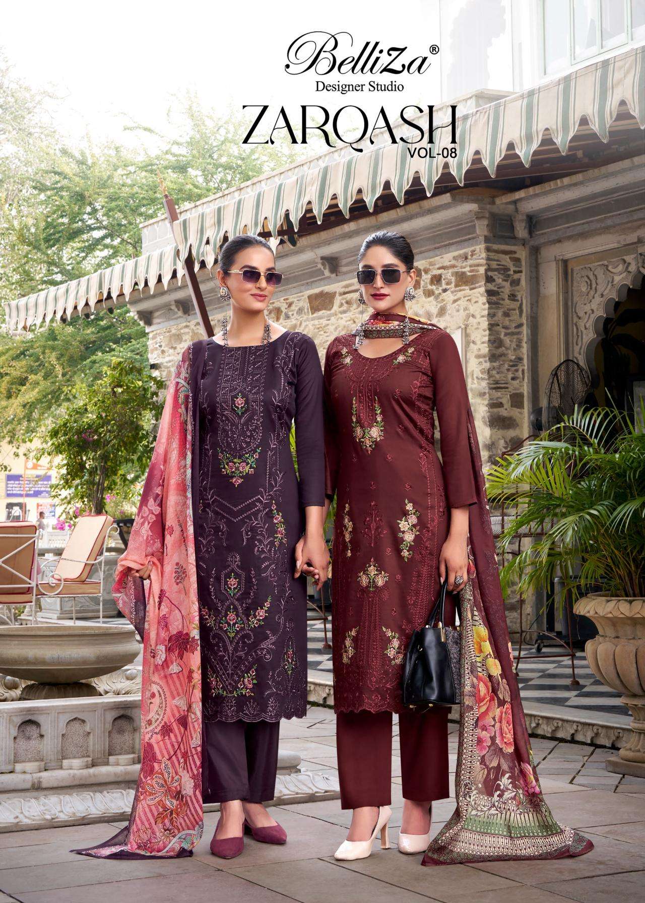 belliza designer zarqash vol 8 series 878001 to 878006 jam readymade big size pakistani suit in wholesale surat