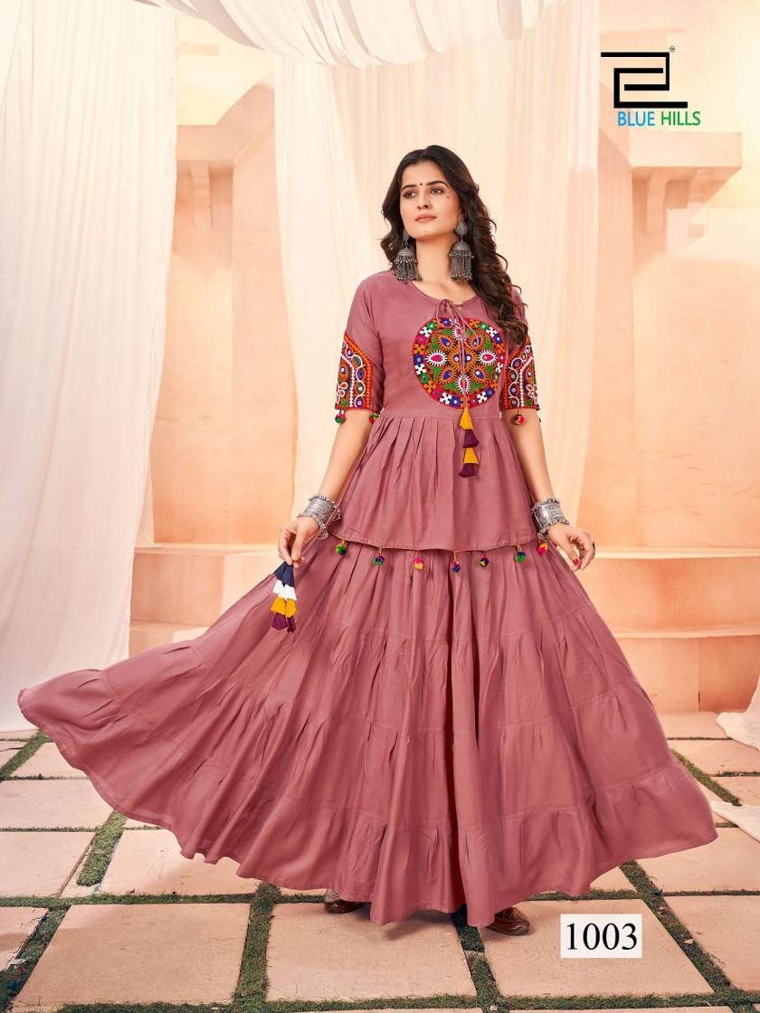 blue hills dholida series 1001 to 1005 rayon gamthi work readymade top with skirt in wholesale surat