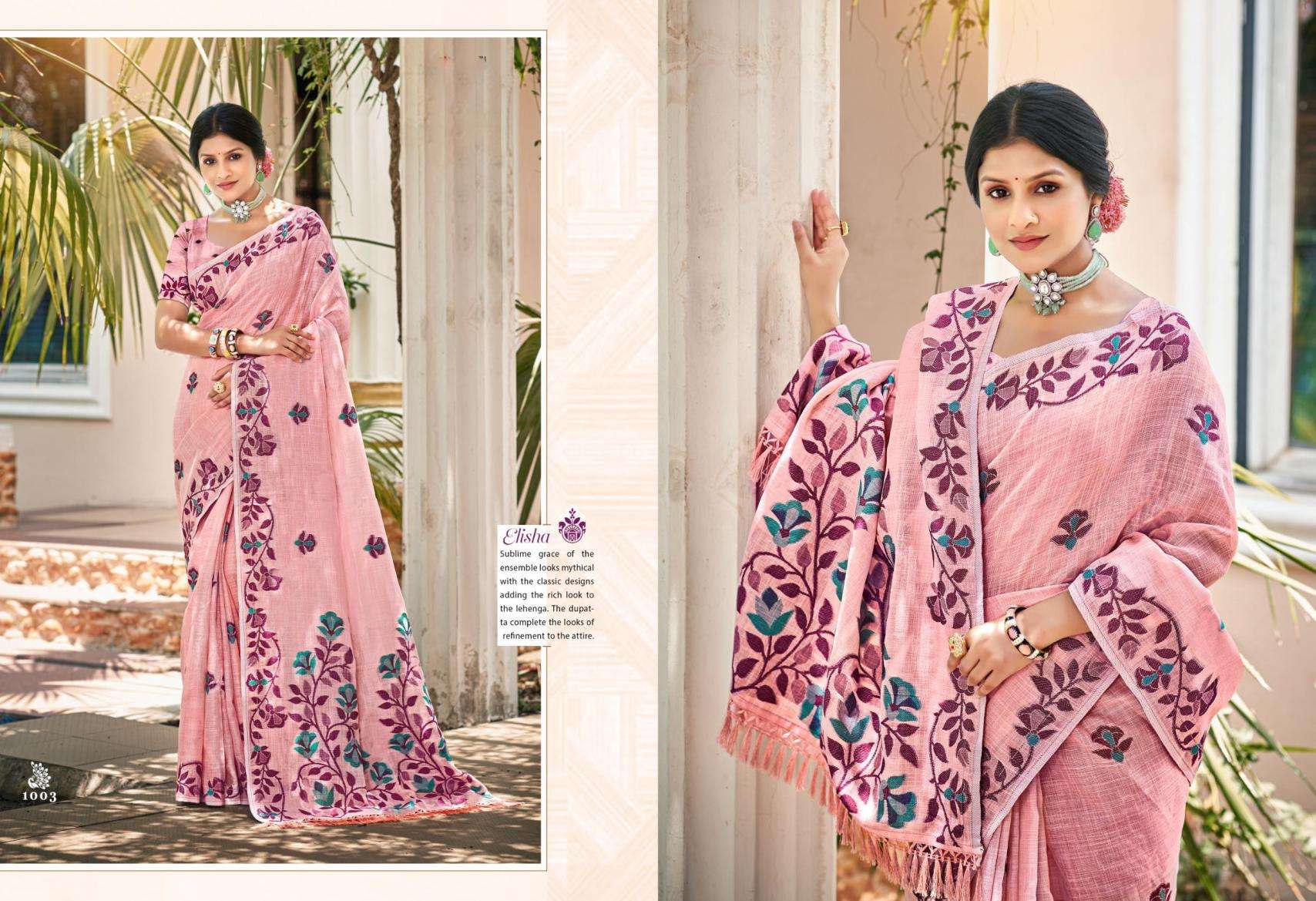 BUNAWAT Preeti Women series 1001 to 1008 Sangam Prints Linen Woven Work Traditional Saree in wholesale surat