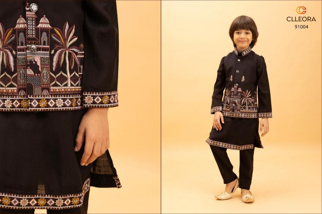 clleora little couture series 91001 to 91006 viscose silk readymade kids festive koti kurta with pant