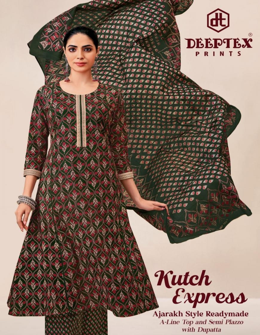 deeptex prints point 8 series 1001 to 1008 kutch express cotton a-line readymade big size plazzo suit in wholesale surat