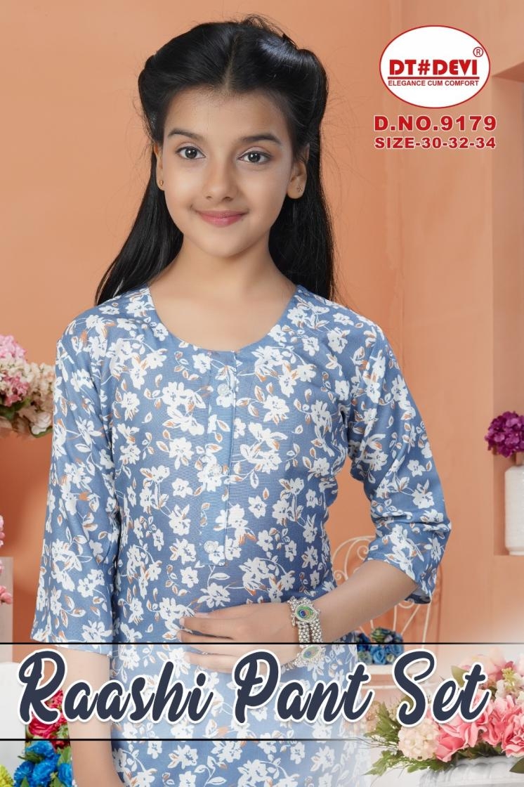 dt devi raashi 9179 pant set readymade rayon kids suit in wholesale surat