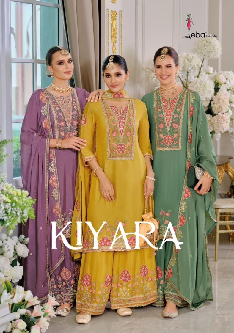 eba lifestyle kiyara series 1908 to 1910 chinon readymade party wear palzzo style suit in wholesale surat