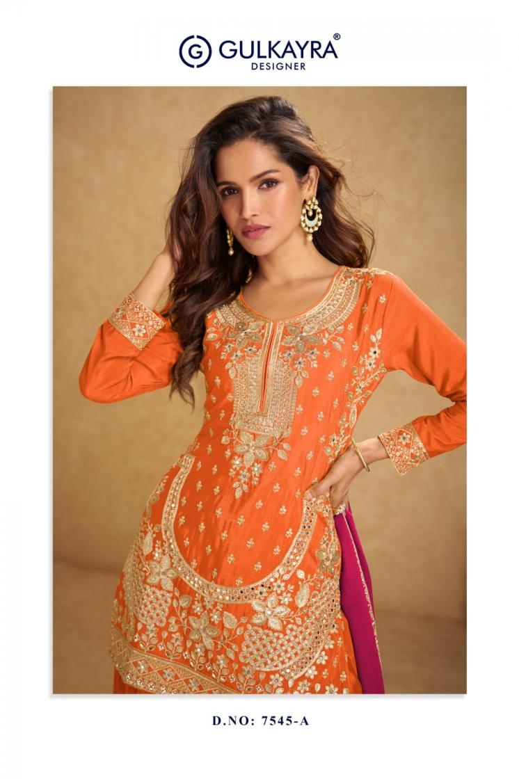 gulkayra designer aarushi series 7545 A to C chinon readymade premium plazzo suit in wholesale surat