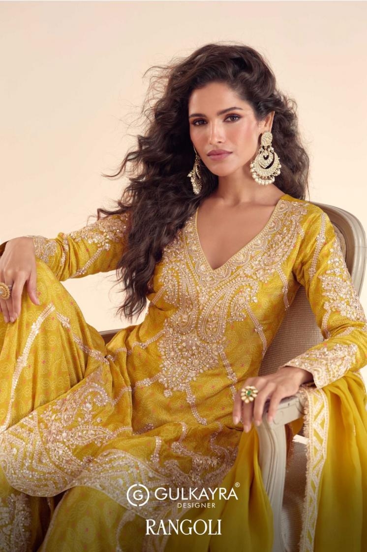 gulkayra designer rangoli series 7578 A to C chinon readymade exclusive plazzo suits in wholesale surat
