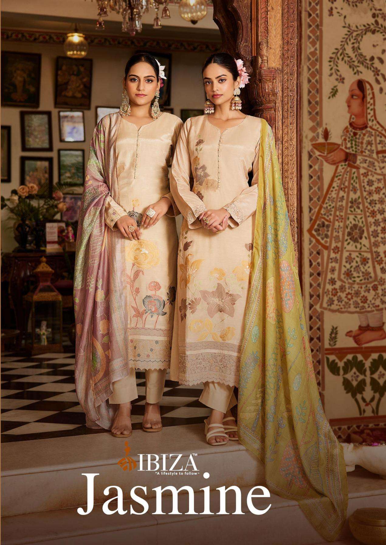 ibiza jasmine series 16062 to 16067 stylish simar muslin jacquard suit in wholesale surat