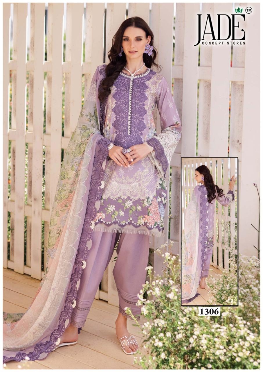 Jade Binsaeed Vol-13 series 1301 to 1306 Pure Heavy Lawn Print Karachi style salwar kameez in wholesale surat