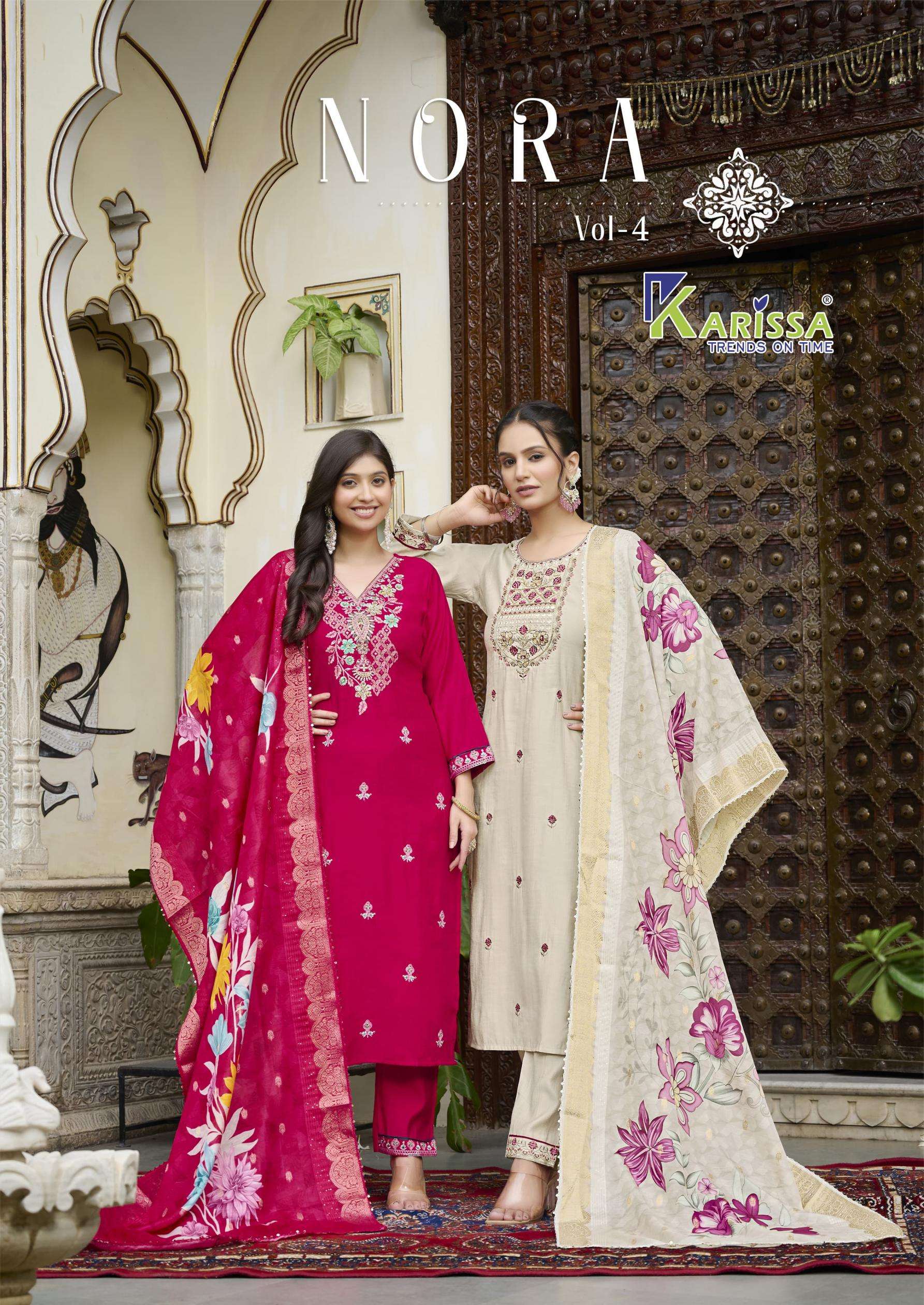 karissa nora vol 4 series 4001 to 4006 viscose weaving readymade classic suit in wholesale surat