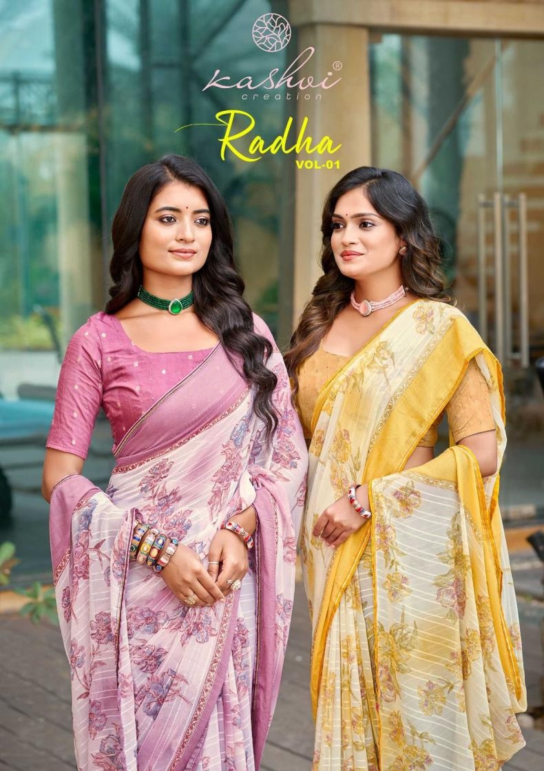 kashvi creation radha vol 1 series 101 to 108 major georgette pretty look saree in wholesale surat